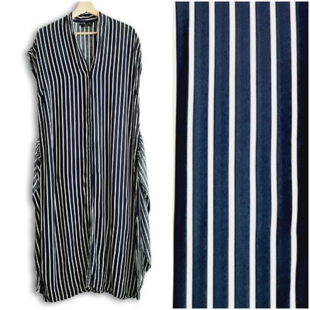 AMITIÉ \ Spain Striped Button Down Midi Light Shirt Dress Slits Blue White Sz L